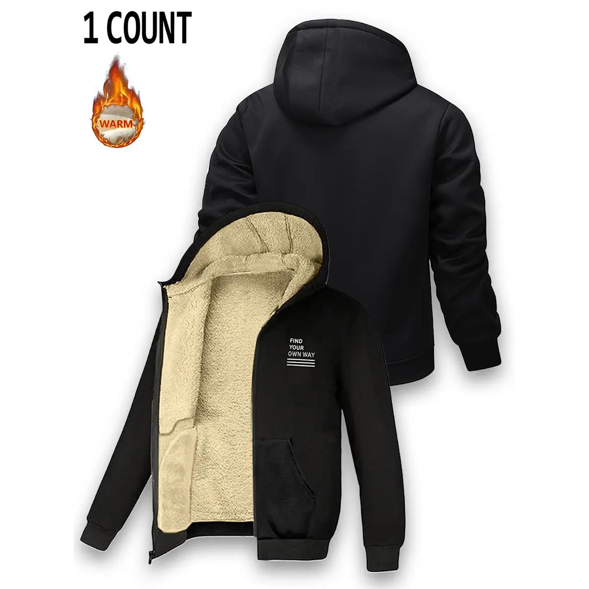 Men's Winter Thermal Zip-Up Hooded Sherpa-Lined Jacket, Minimal Chest Slogan Graphic, Loose Fit, Warm Outerwear for Cold-Day Daily Wear & Outdoor Casual Use tiktok shop free 3 day shipping