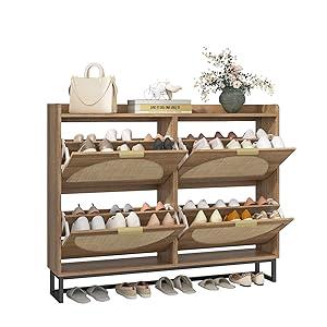 Vabches Large Rattan Shoe Storage Cabinet with 4 Flip Drawers, Freestanding Shoe Organizer with Metal Legs for Entryway, Hidden Silver Handles, Narrow Shoe Rack Cabinet