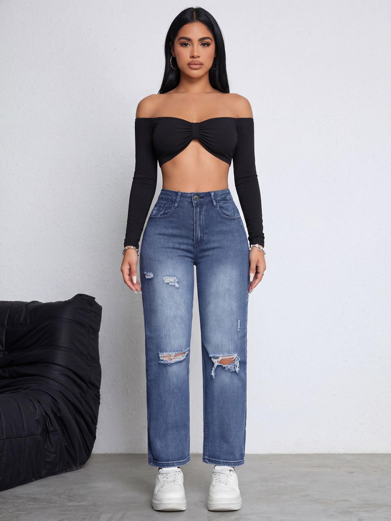 Women's High Waist Medium Blue Washed Ripped Straight Leg Denim Jeans, Vintage Style, Casual American Streetwear, All Seasons