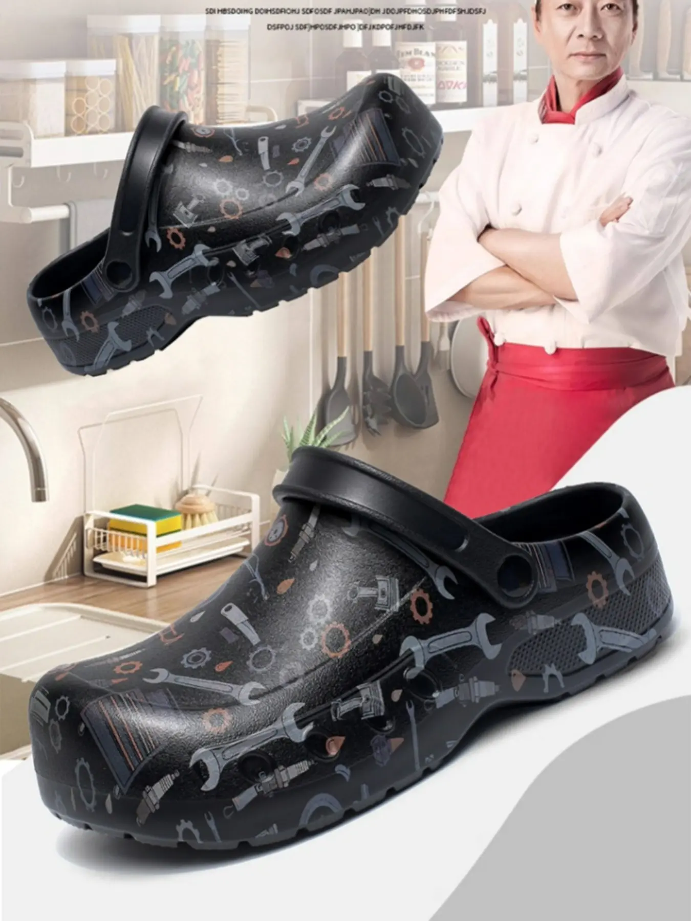 Men's Large Size Chef Print Anti-Slip Sandals, Kitchen Work Shoes, Breathable Oil-Resistant Toe Posture Slippers, Back Kitchen Specialized Footwear