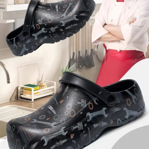 Men's Large Size Chef Print Anti-Slip Clogs, Kitchen Work Shoes, Breathable Oil-Resistant Closed-Toe Clogs, Professional Kitchen Footwear, Round Toe Clogs