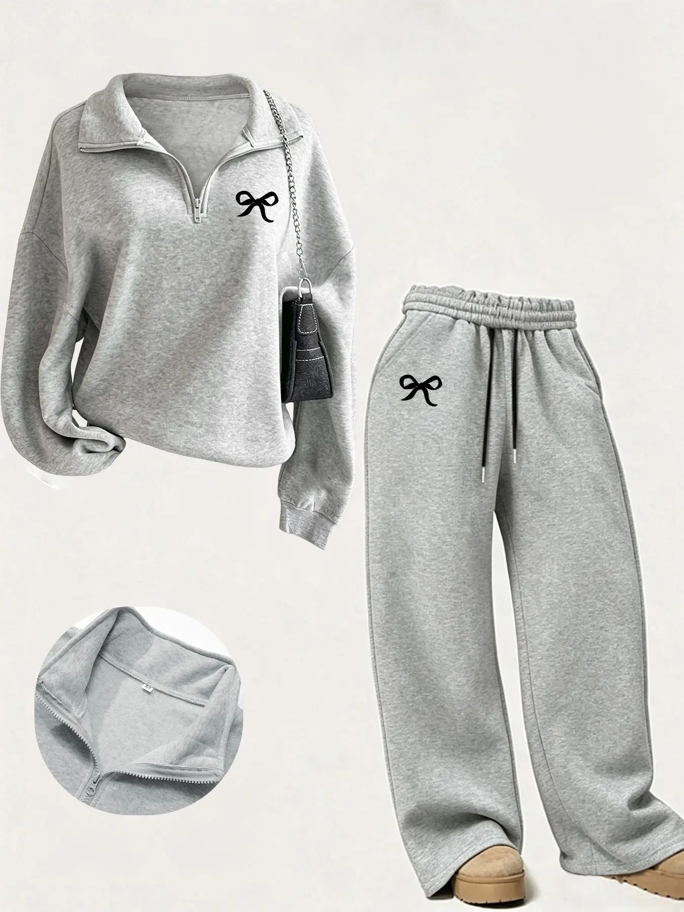 Women's Half-Zip Lapel Sweatshirt + Drawstring Wide Leg Pants Set, Simple Bow Print, Casual Comfort, Spring Fall