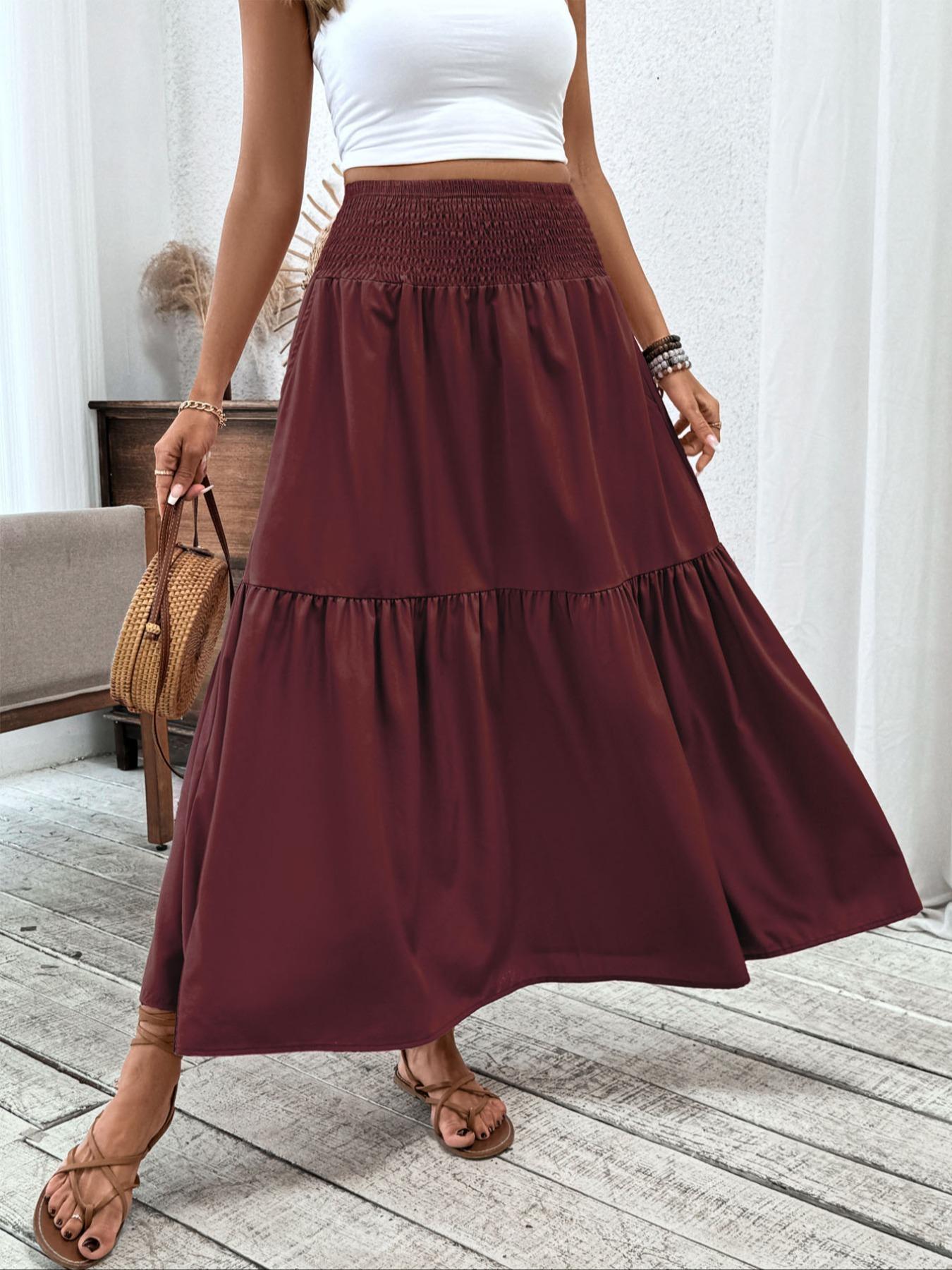 Women's Floral Casual A-Line Ruffled Skirt, Elastic Waist Pockets, Leaf Hem, Long Fitted Skirt, Fashionable Mid-Length Dress