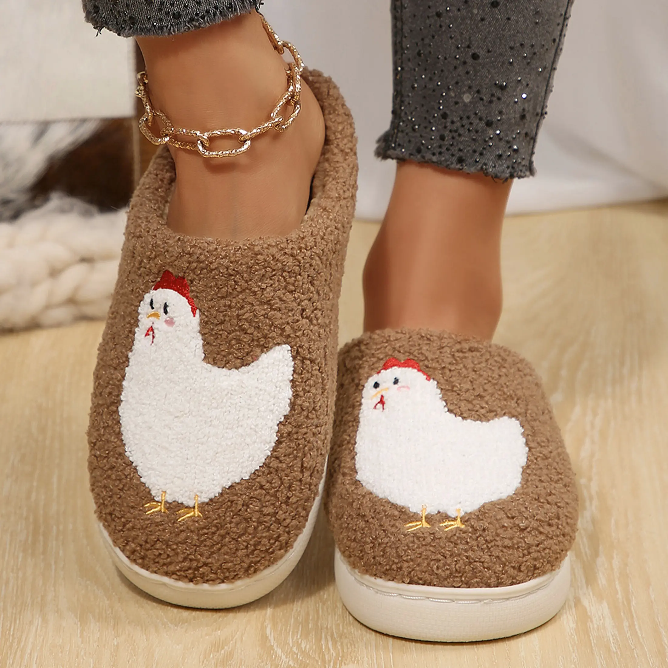 Womens Cozy Plush Slippers Chick Print Indoor Soft Comfortable Warm Slip On Non-Slip Sole Cushioned Insole
