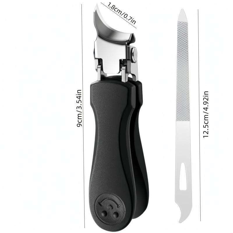 2-piece set of splash proof large opening nail clippers, designed with a slanted mouth specifically for toenails, paired with nail files for a cleaner and more worry free trimming of thick and embedded nails