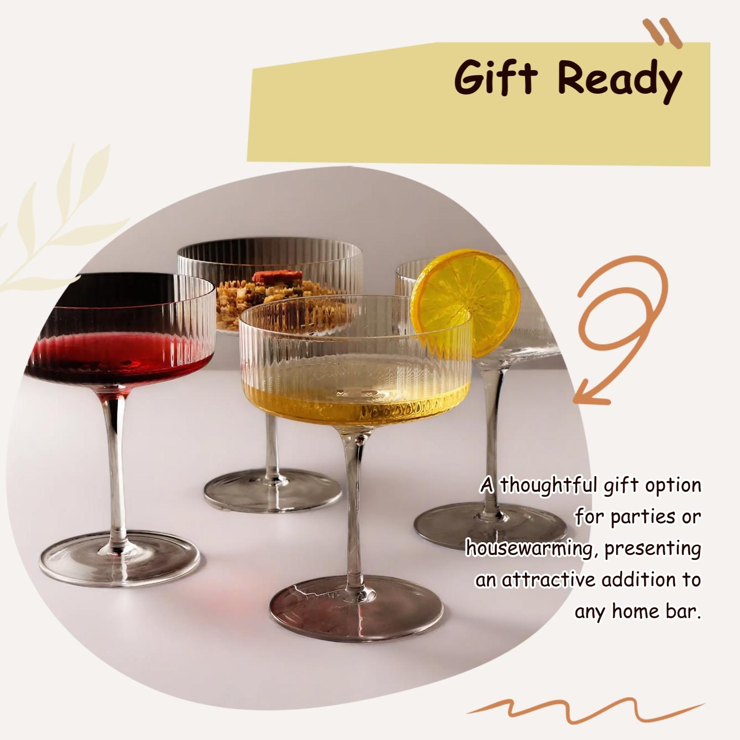 Vintage Ribbed Coupe Glass, 2/4 pcs Wine Glass Set Elegant Crystal Stripe Martini Glasses for Champagne, Margarita, Espresso, Perfect for Parties & Gifts, Drinkware