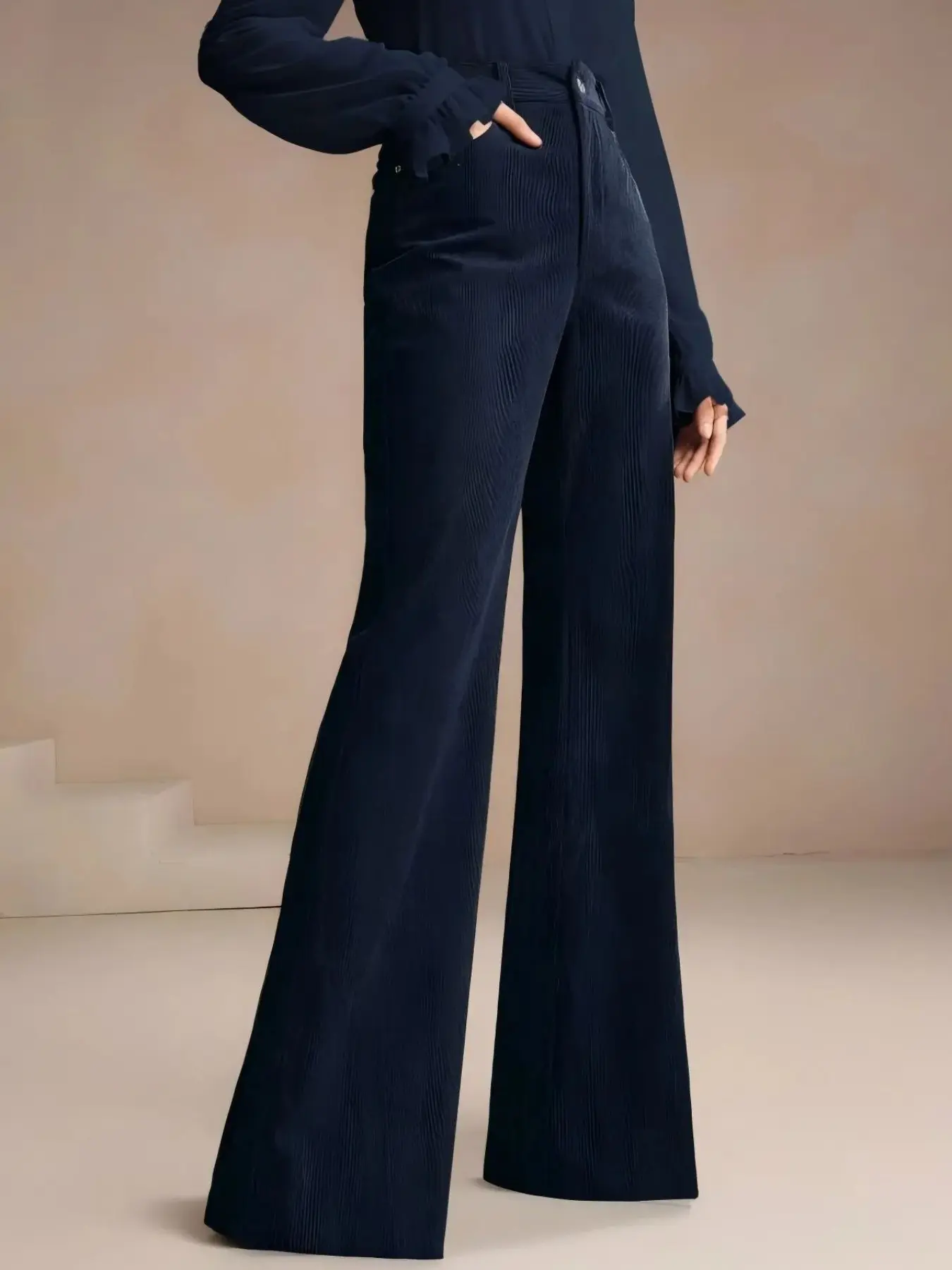 Women's Navy Velvet Micro Flare Pants, High Waist Slim Fit Vintage Flowy Wide Leg Breeches, Fall Winter Long Trousers Nk-Wry-20261