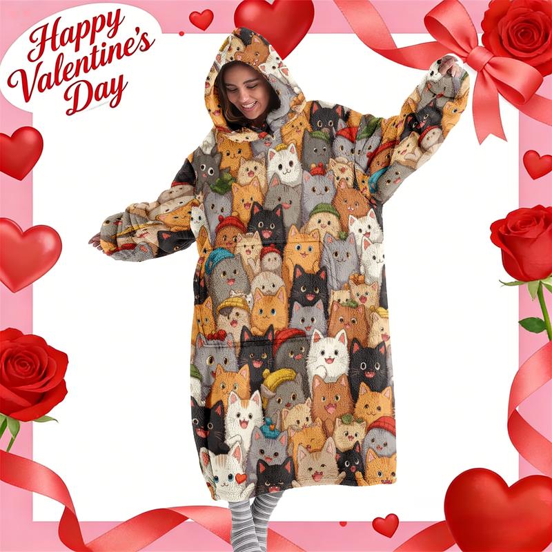Hooded blanket, Cozy hooded blanket, wearable blanket, women's fleece-lined bathrobe, pajamas, plus-size thickened loungewear with multiple cat prints. Suitable for loungewear at home, perfect as a gift for Christmas or Valentine's Day