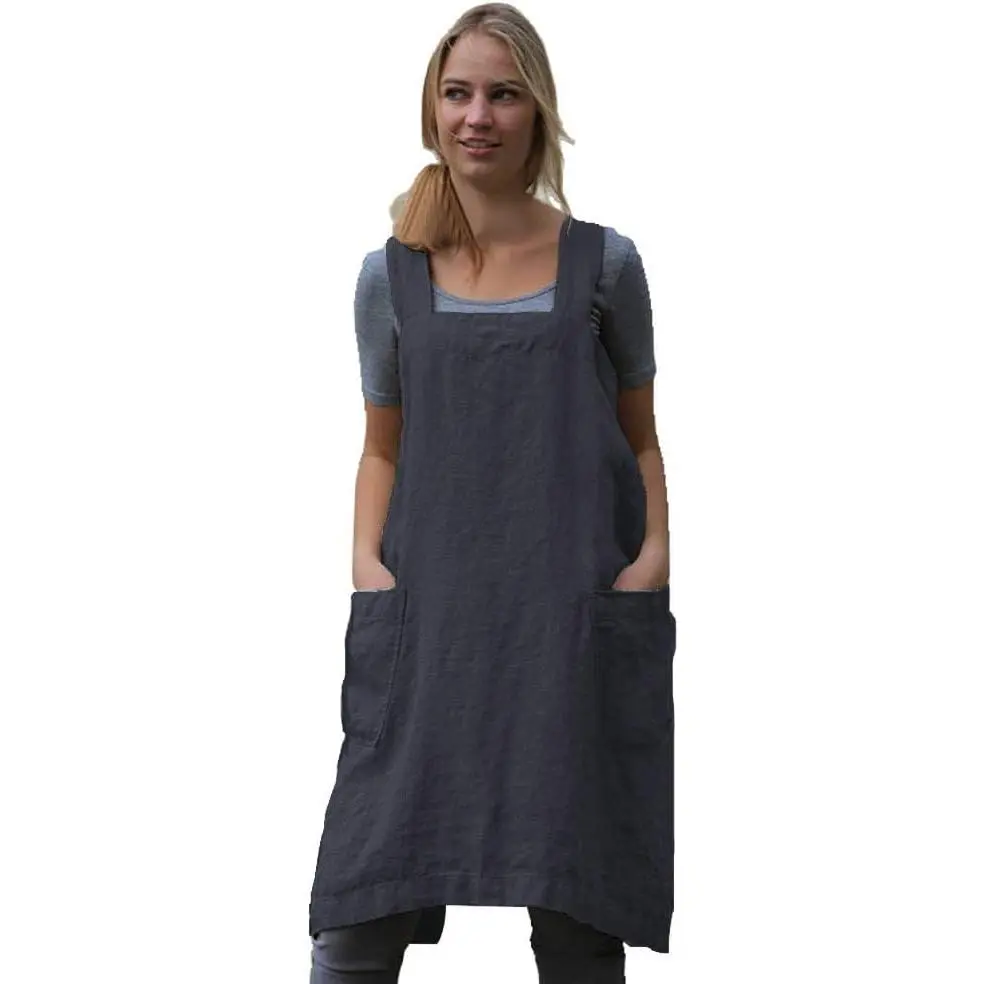 Women's Pinafore Square Apron Baking Cooking Gardening Works Cross Back Cotton/Linen Blend Dress with 2 Pockets