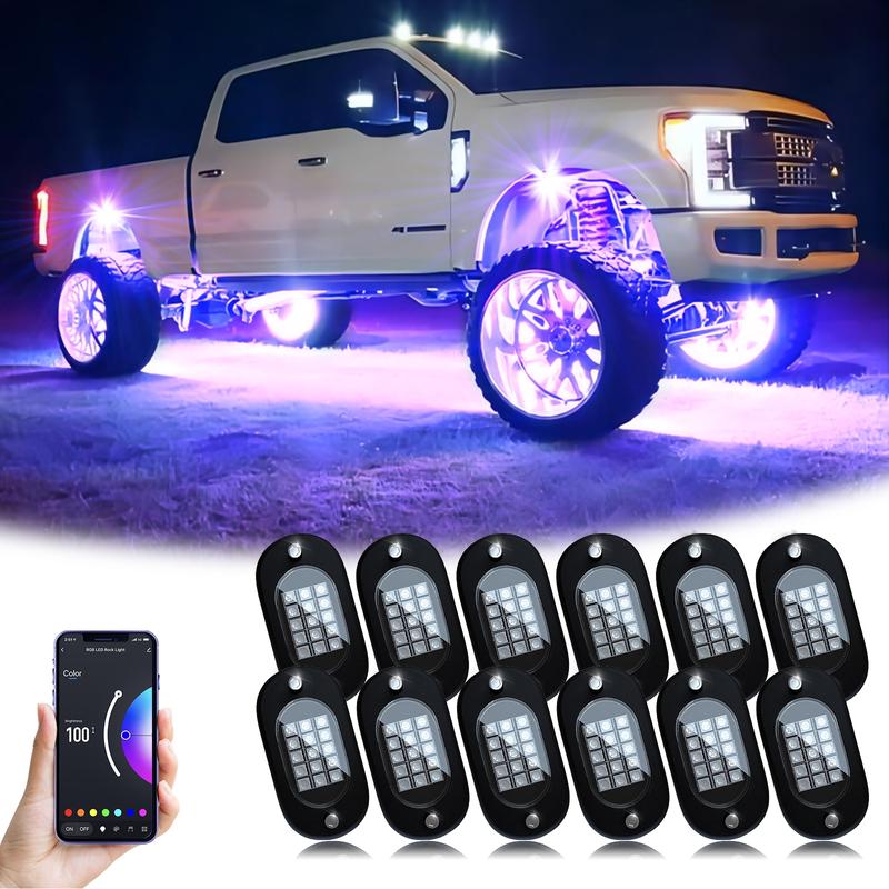 High-Quality RGB Car Rock Lights Underglow Pods (4/6/8/10/12/14) with Bluetooth-Compatible App Control, Multi-Color Neon Music Mode, IP68 Waterproof, Fit for Truck, ATV, UTV, RZR and SUV, Men's Car Lighting Gift