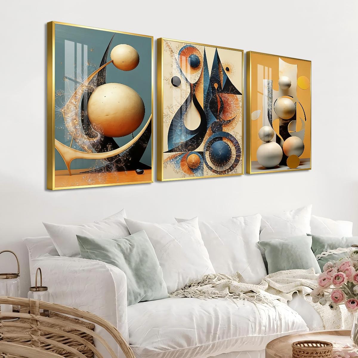 3 Counts Aluminum Alloy Framed Painting, Abstract Geometric Shapes And Spheres Art Pictures, Home Decoration For Living Room, Bedroom, Office, Restaurant, Hallway Wall Decor, Odorless Print Artwork, Luxury Perfect Gift For Friends And Family