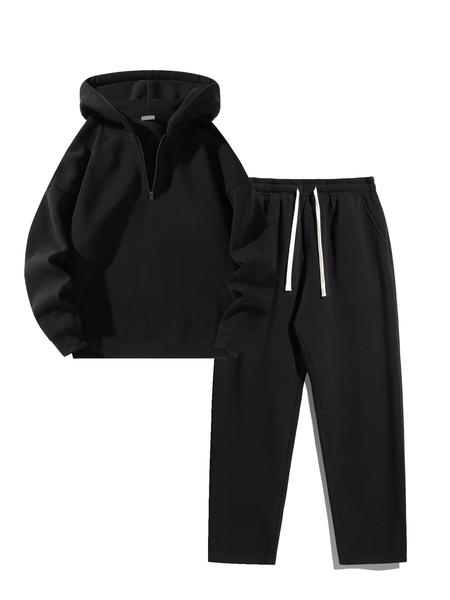 Two-Piece Set Men's Solid Zip Up Hoodie & Drawstring Waist Sweatpants Two-piece Set, Casual Regular Fit Long Sleeve Hooded Sweatshirt & Elastic Waist Pocket Jogger Pants, Men's Two-piece Outfits for Fall & Winter