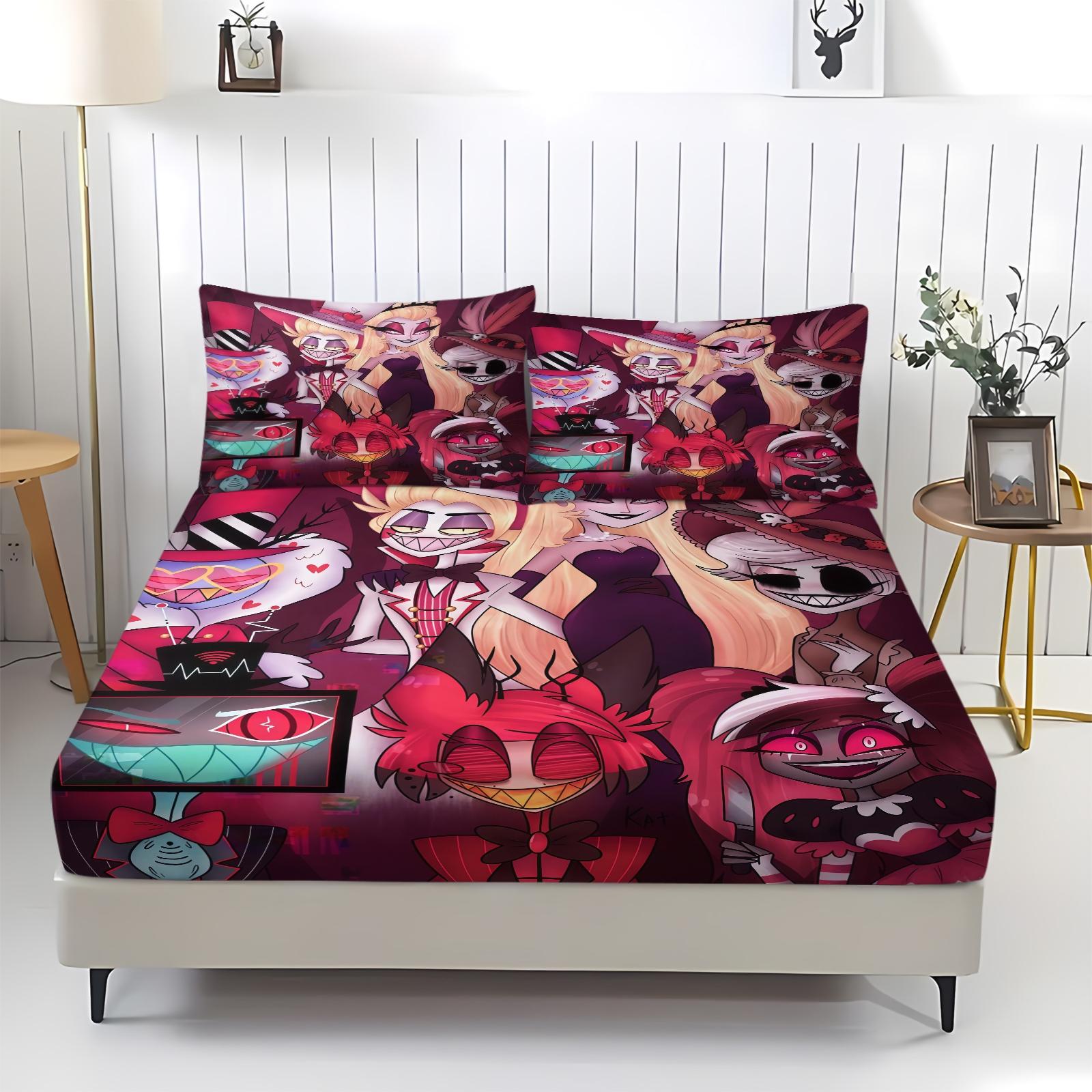 3 Piece Hazbin Hotel Pattern Fitted Sheet Set, Soft And Durable Bedding Set Bed Sheets Includes 1 Piece Flat Sheet And 2 Pieces Pillowcases, Daily Holiday Birthday Gift Bedroom Decorations For Kids And Adults, Bedsheet Sets
