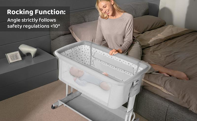 Cowiewie Bassinet Bedside Sleeper, Rocking Bassinet for Baby with 4 Wheels & 7 Adjustable Height, 360° All-Round Breathable Mesh Sides Bedside Crib, 2025 New