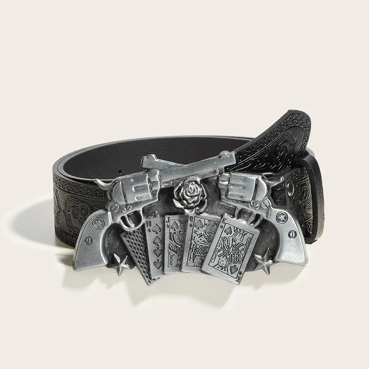 Men Women Vintage Western Cowboy Embossed PU Leather Belt, 3D Alloy Dual Revolver Poker Rose Metal Buckle Waist Belt, Retro Casual Punk Decor Belt for Jeans