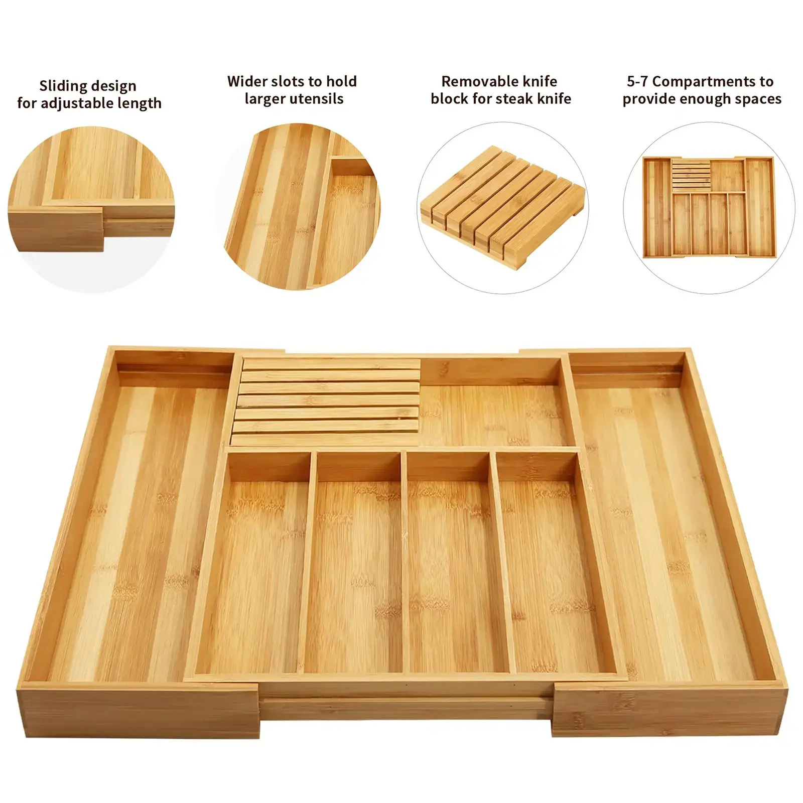 Bamboo Silverware Drawer Organizer Kitchen, Expandable Utensil Organizer with Block, Cutlery Tray with Divider, Multifunctional Wooden Drawer Organizer