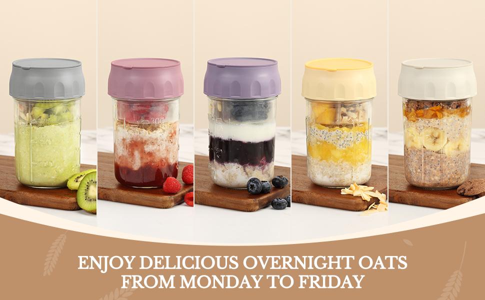 Soligt Overnight Oats Containers with Lids, Folding Spoons, and Divided Compartments for Fruit & Nuts, Small Glass 16oz Mason Jars for Oatmeal Yogurt Parfait Kitchen Utensils Portable Plastic Travel meal prep containers