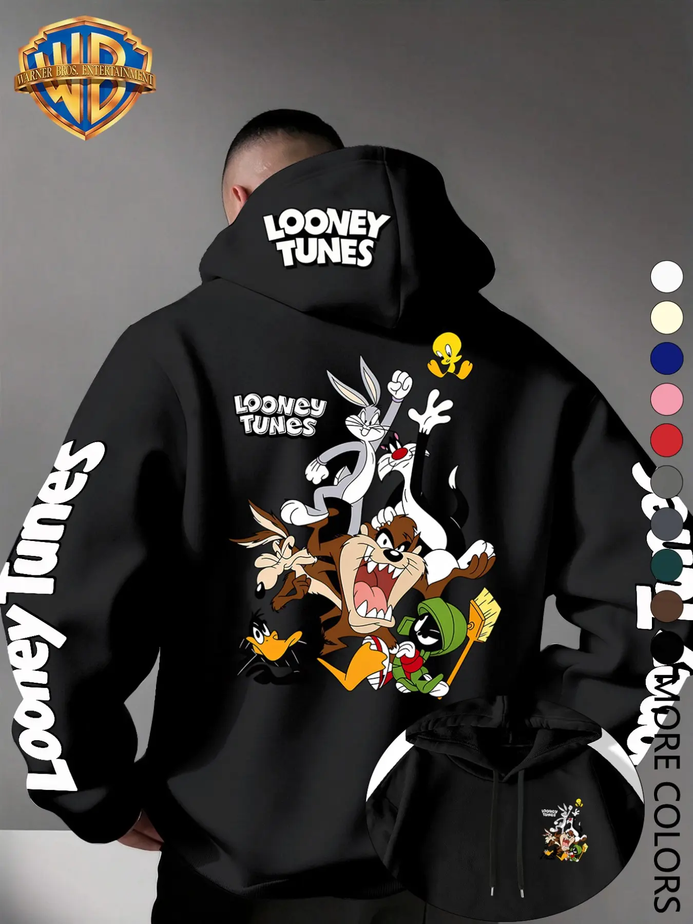 Officially Licensed Warner Bros. Looney Tunes All Characters Cast Back Print Hoodie for Men, Oversized Classic Cartoon Graphic Pullover Sweatshirt, 100% Polyester Long Sleeve Casual