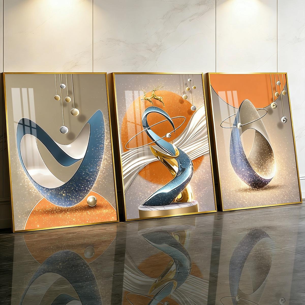 3 Counts Aluminum Alloy Framed Painting, Modern Abstract Geometric Sculpture Art Pictures, Home Decoration For Living Room, Bedroom, Office, Restaurant, Hallway Wall Decor, Odorless Print Artwork, Luxury Perfect Gift For Friends And Family