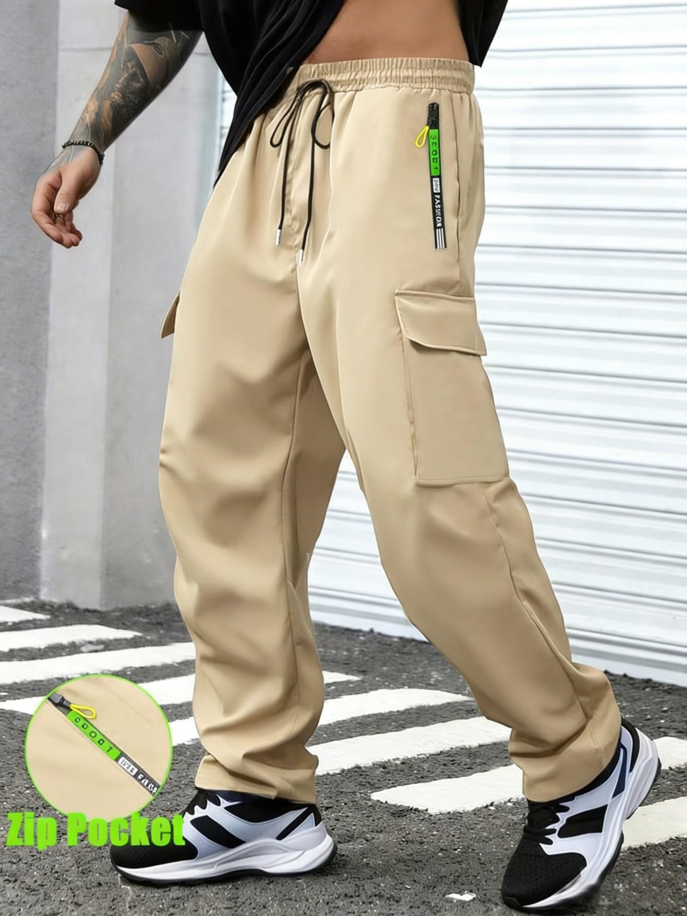 Men's Spring Summer Letter Zipper Pocket Cargo Pants, Fashion Large Patch Pockets, Drawstring Waist, Casual Outdoor Long Pants