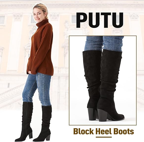 Women's Pointed Toe Knee High Boots Faux Suede Slouch Boots with Chunky Heel