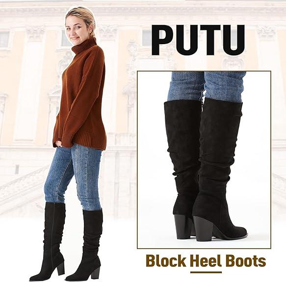 Women's Pointed Toe Knee High Boots Faux Suede Slouch Boots with Chunky Heel