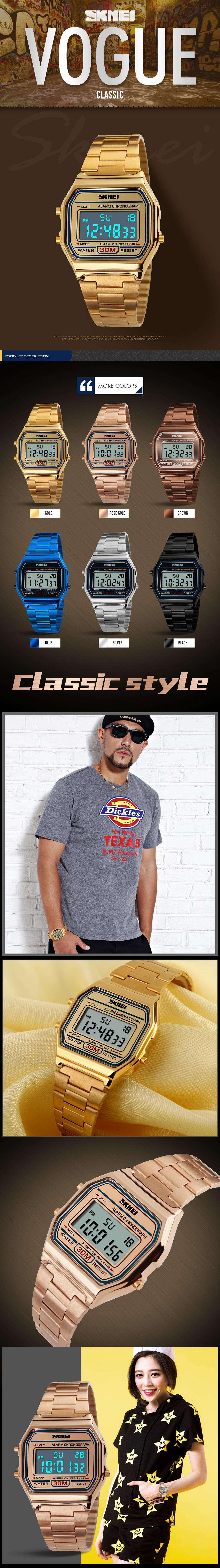 Men's Digital Outdoors Gold Stainless Steel Watch Backlit Multifunction Stopwatch Waterproof Sport watches