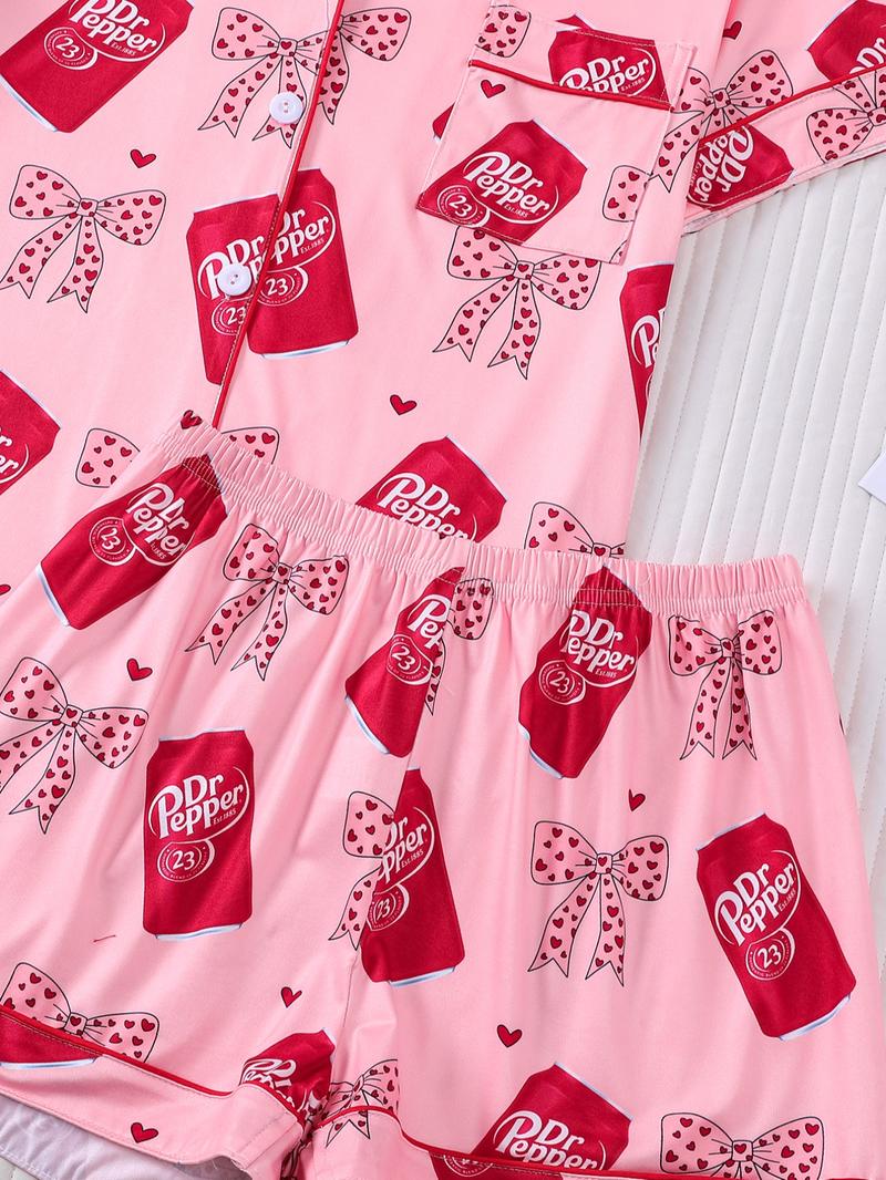 Women's Valentine's Day Spring Summer Set, Heart & Bow Pattern, Fitted Short Sleeve Top & Shorts, Casual All-Season Wear