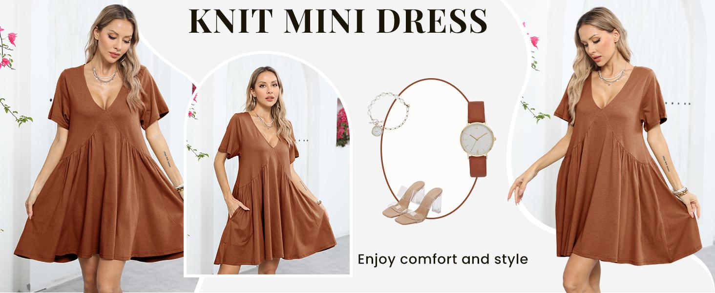 SCUSTY Women's Summer Mini Dress Casual Short Sleeve Loose V Neck Flowy Sundress Vacation Tshirt Sun Dress