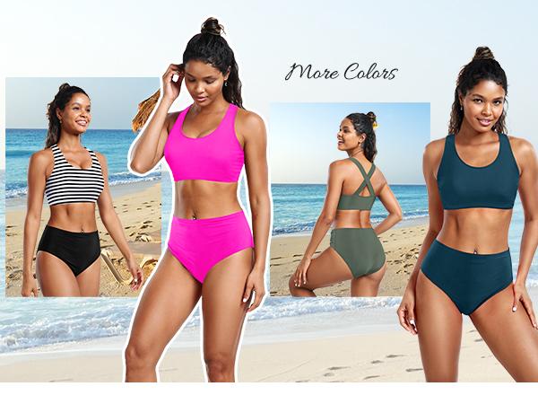 Holipick Women High Waisted Two Piece Bikini Sports Crop Top Swimsuit Scoop Neck Bathing Suit for Teen Girls with Bottom