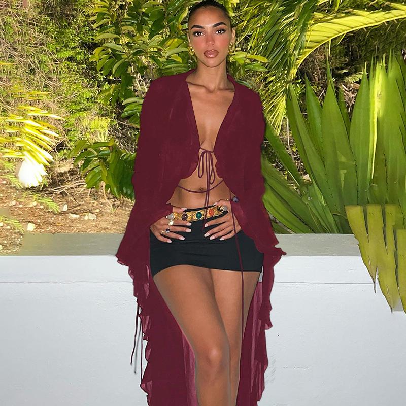 Women's Solid Sheer Ruffle Trim Tie Front Long Mesh Cardigan Coat, Long Sleeve Open Front Outerwear for Spring & Fall, Ladies Clothes for Party Holiday