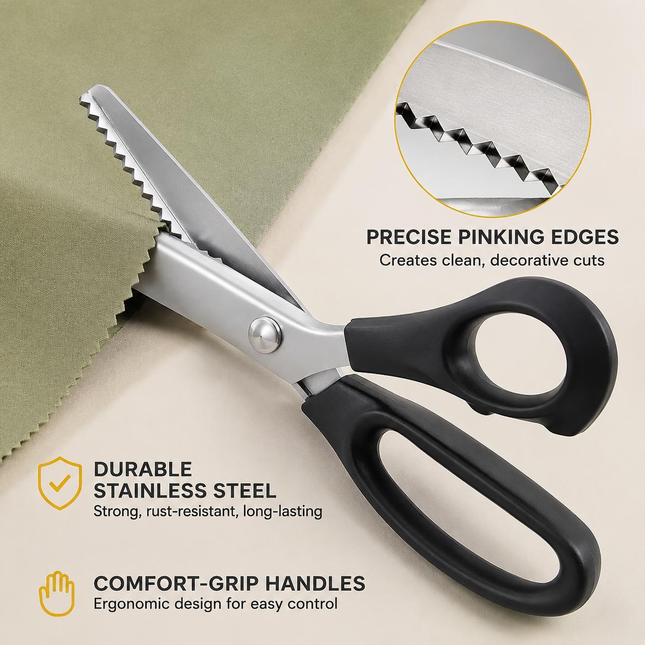 Premium Stainless Steel Zigzag Scissors with Precision Serrated Blades for Clean Cutting of Lace, Fabric, and Craft Materials — Ideal for Dressmaking, Tailoring, Sewing Projects, and DIY Handicrafts — Ergonomic Design, Rust-Resistant, Long-Lasting Sharpne