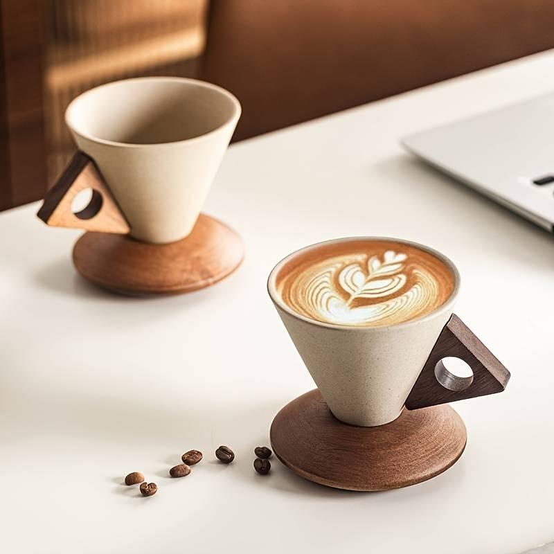 250ML Handmade Ceramic Coffee Cup, Wide Mouth Latte Mug with Heat-Resistant Wooden Handle, Ideal for Home & Office, Perfect Gift