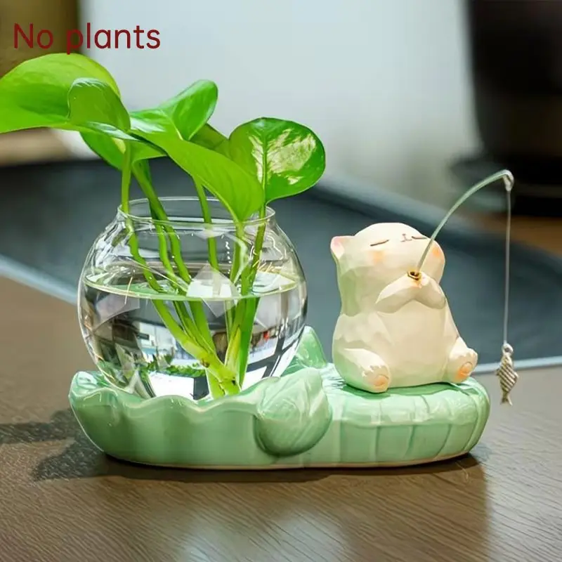 Cute Fish Pond Hydroponic Flower Pot, Ceramic Cat/frog Shaped Decorative Item, Office Culture Vase, Desktop Healing Gift