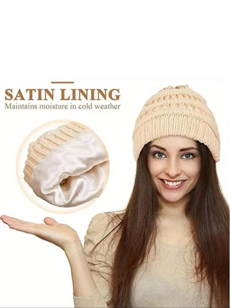 Women's Winter Satin Lined Beanie Hat, Knitted Winter Hat, Soft Lightweight Knit Fabric, Comfortable Warm Fashion Accessory for Daily Wear