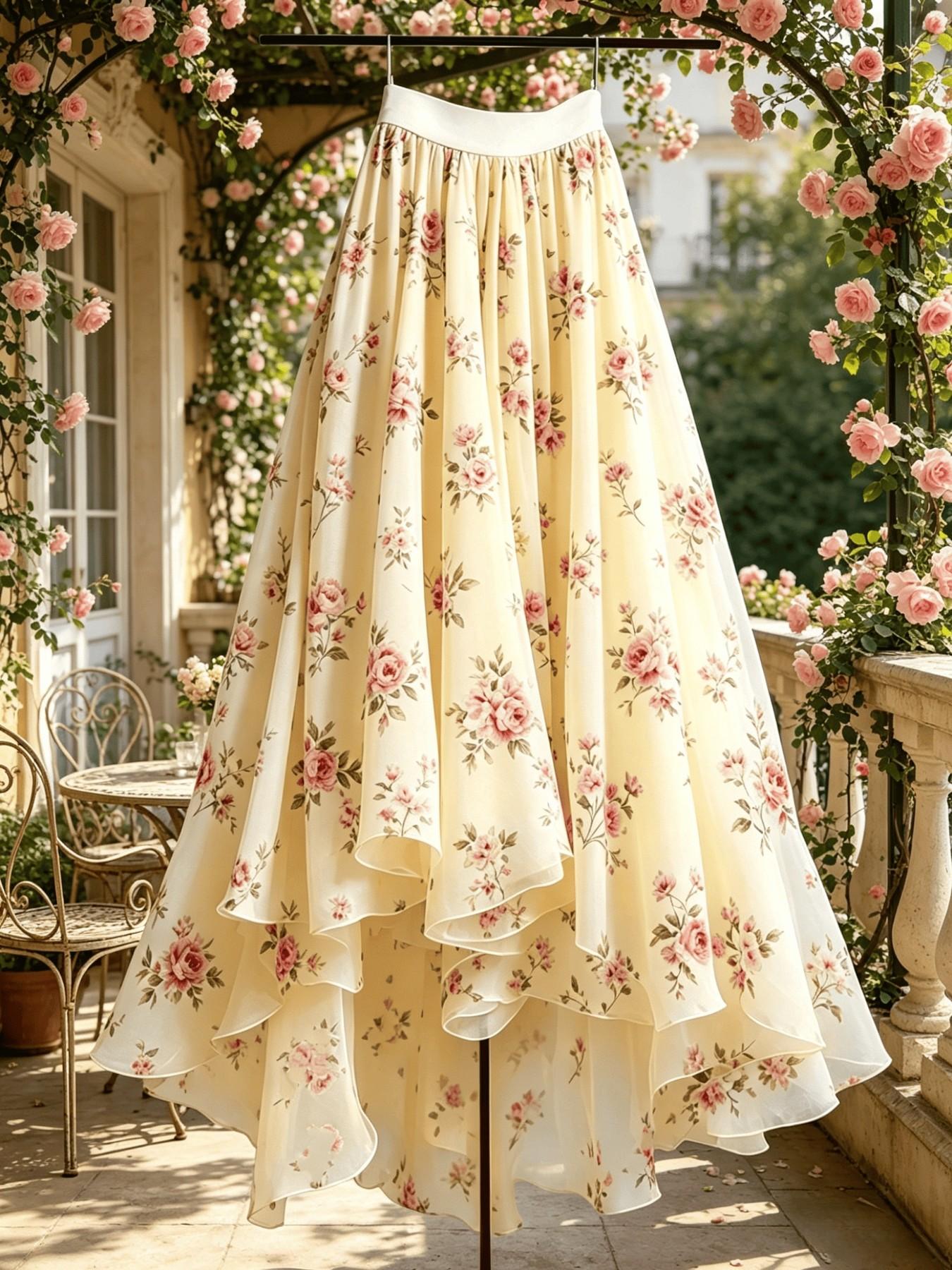 Elegant New Women's Midi Skirt, Lace Mesh Floral Print Skirt, Flowy Skirt, Loose Skirt, Vacation Casual Office Skirt, Four-Season Wear, Clothes, Elegance