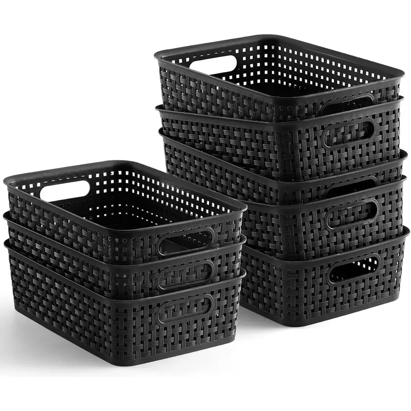 [8 Pack] Plastic Woven Pattern Storage Baskets Set with Hollow Handles & Ventilation, Small Home Organizers for Pantry, Kitchen, Laundry Room (Black), Rectangular