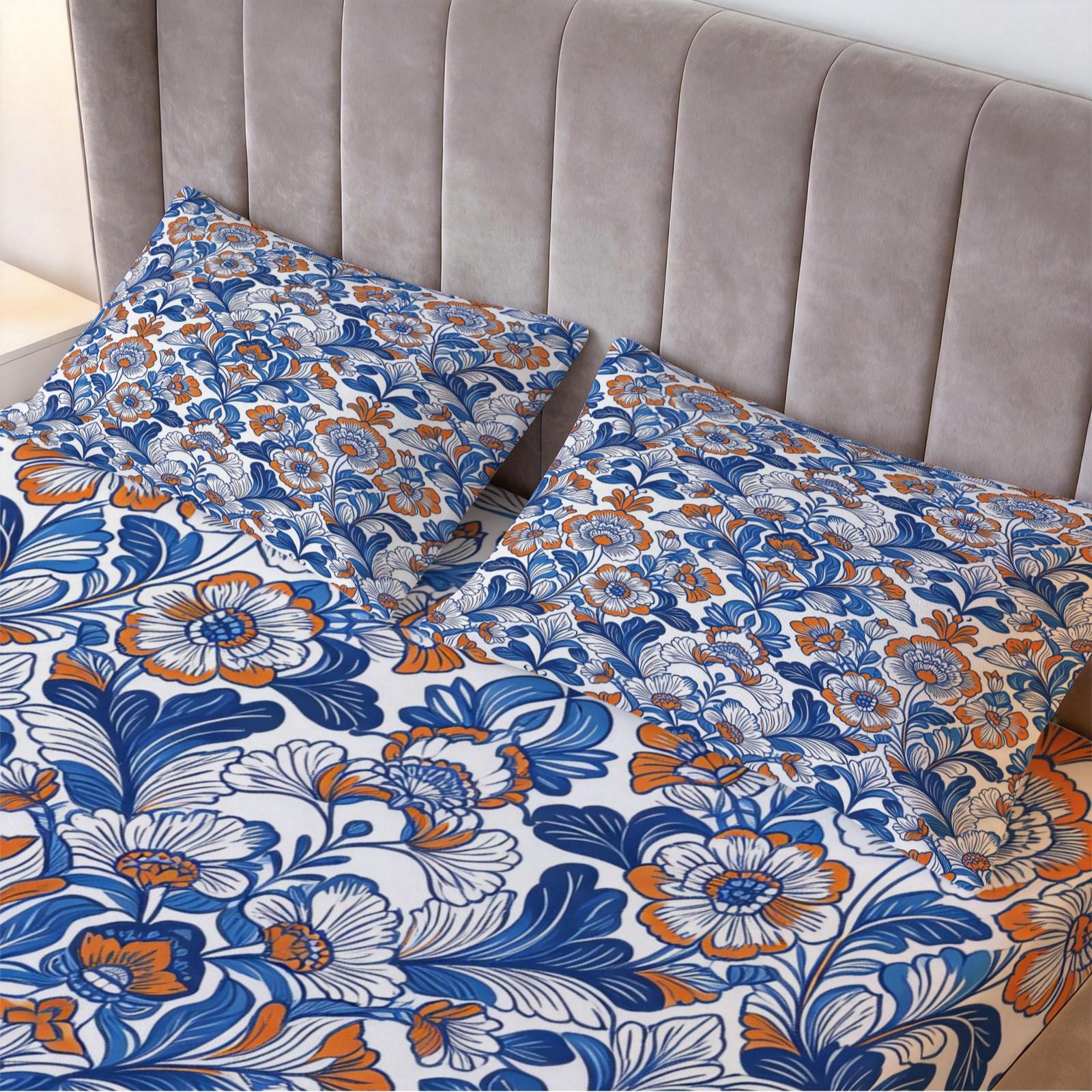 3 Piece Bohemian Blue Orange Floral Fitted Sheet Set, HD Digital Printed Bed Sheet Set, Deep Pocket Soft Bedding Set ( No Inserts) for Bedroom Decor