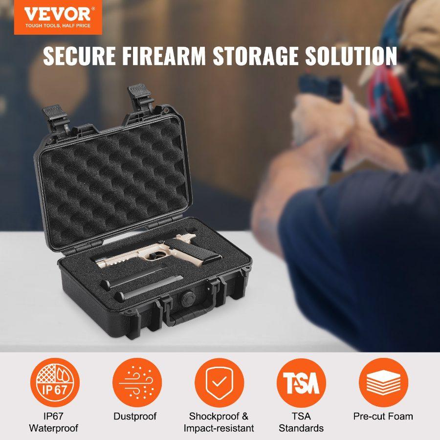 VEVOR Hard Pistol Cases with Pre-cut PU Foam, Waterproof Dustproof Hard Gun Case for 1 Pistol, 12.59×9.01×4.4 in Lockable Pistol Case, Black