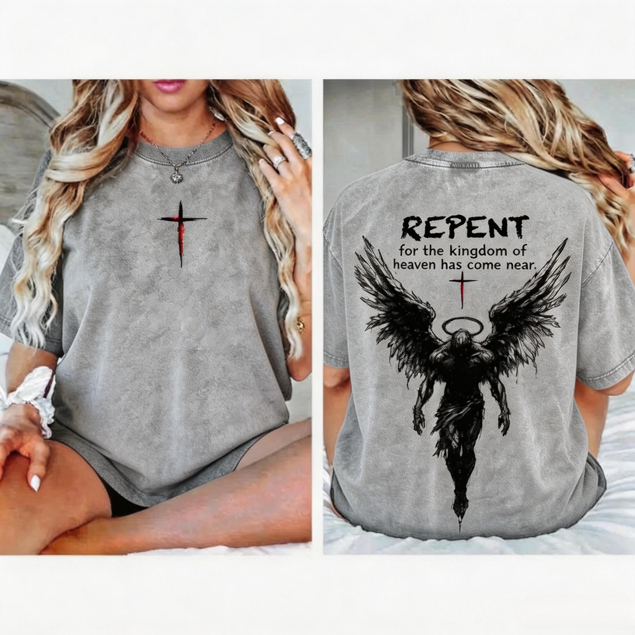 Repent Vintage Washed Oversized Christian T-Shirt, Angel Wings Faith Graphic Tee, "Kingdom of Heaven Has Come Near" Gospel Streetwear Top, Heavy Cotton Unisex Retro Worship Shirt U8N, Apparel, Shortsleeve