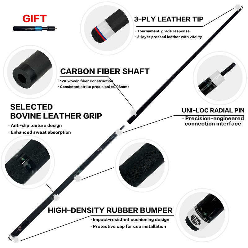 The world's first carbon fiber 1/2 billiard cue comes with a cue box and accessories. It features a 58 inch, 11.8mm cue tip and is suitable for both home and club use. Comes with cue case + leather tip + gloves + towel + chalk