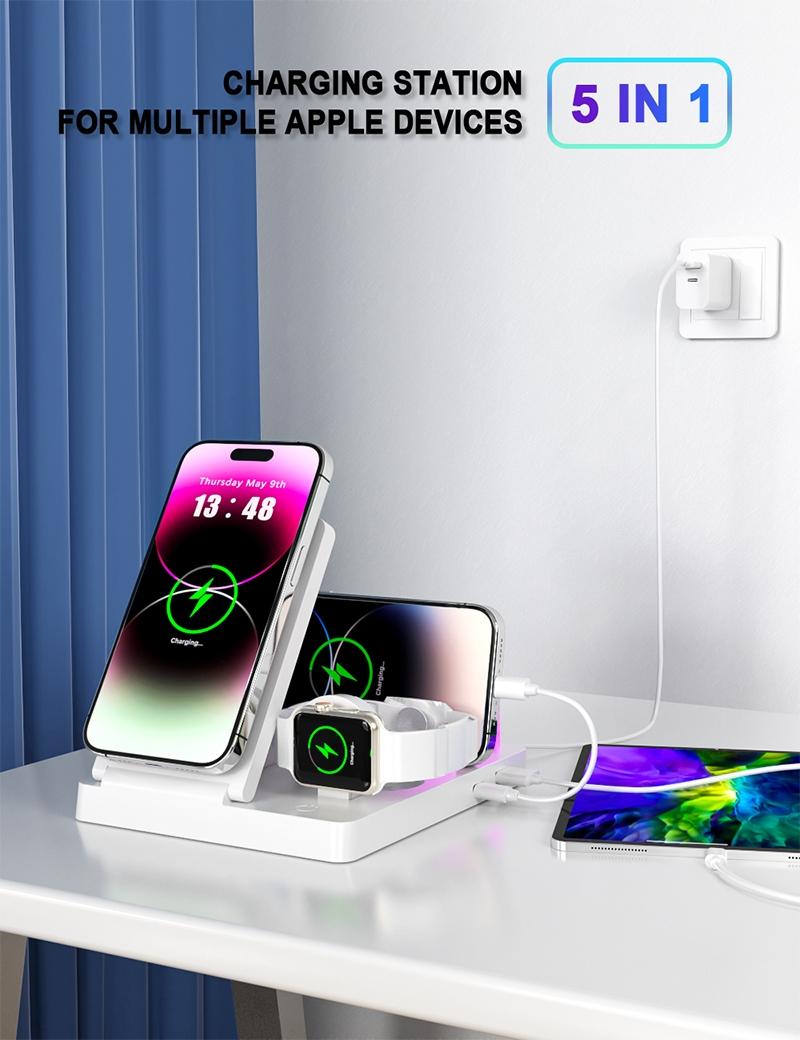 Smart Multi-Device Fast Wireless Charging Station, Foldable Charger Stand, Smart Charging Dock, Compatible with iPhone Samsung Series Apple Watch, Lightweight USB Design