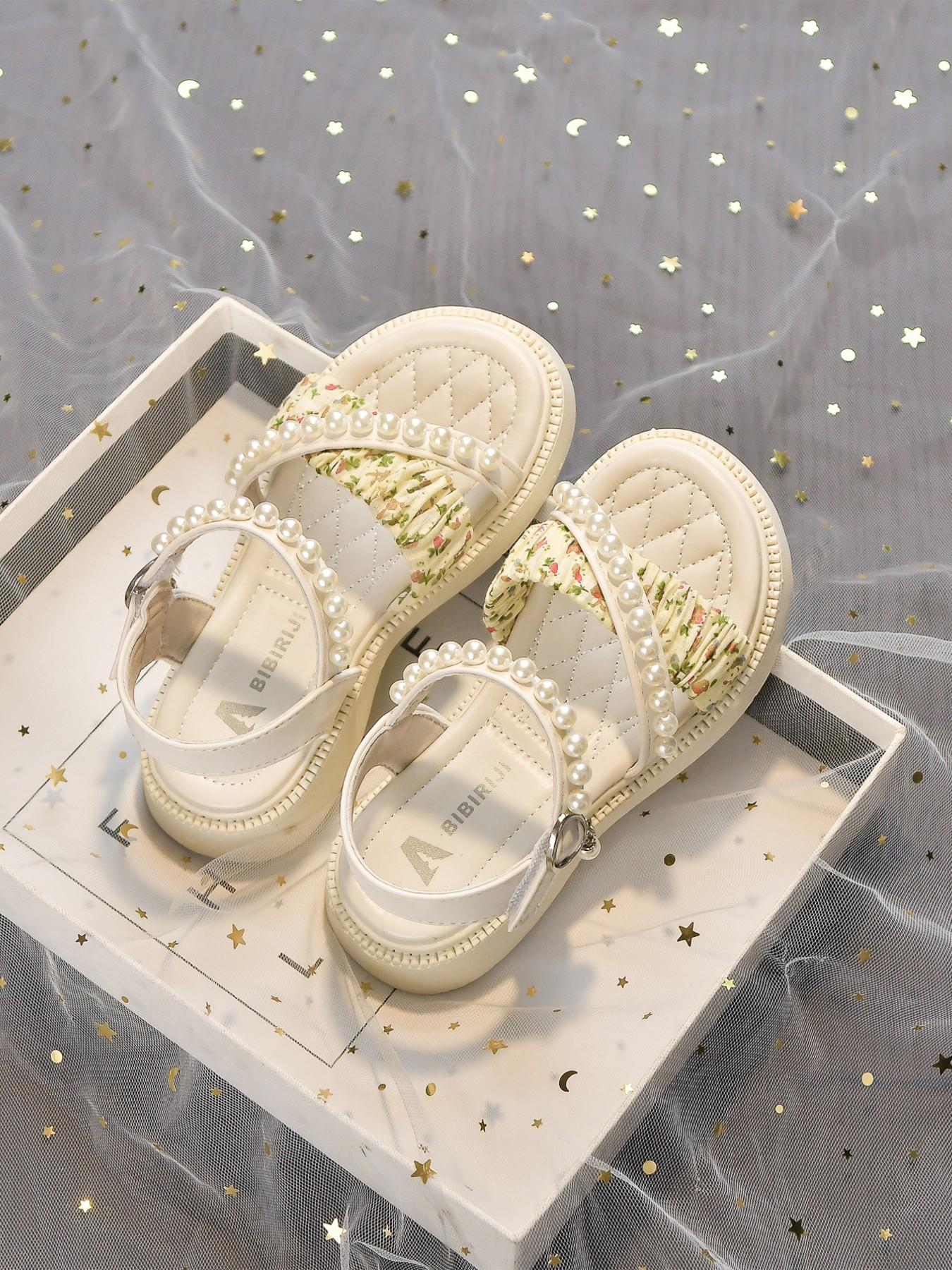 Girls' Pearl Open-Toe Sandals, Elegant Floral Design, Breathable Soft Sole, Magic Tape Closure, Comfortable PU Leather, Ages 3-12