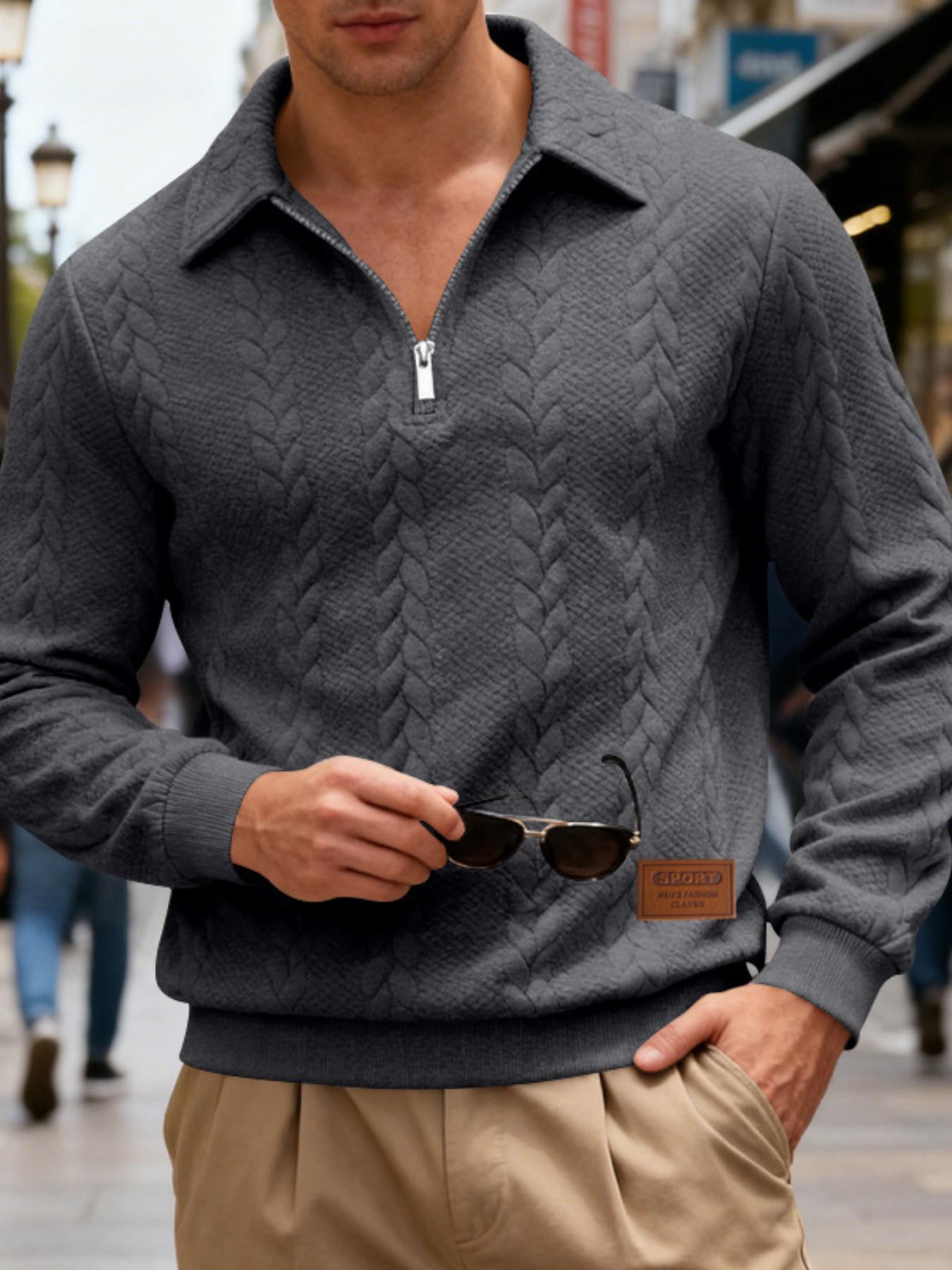 Men's Cable Knit Quarter Zip Polo Sweatshirt, Leather Label Long Sleeve, Casual Pullover, Soft Knit Jumper for Business Casual