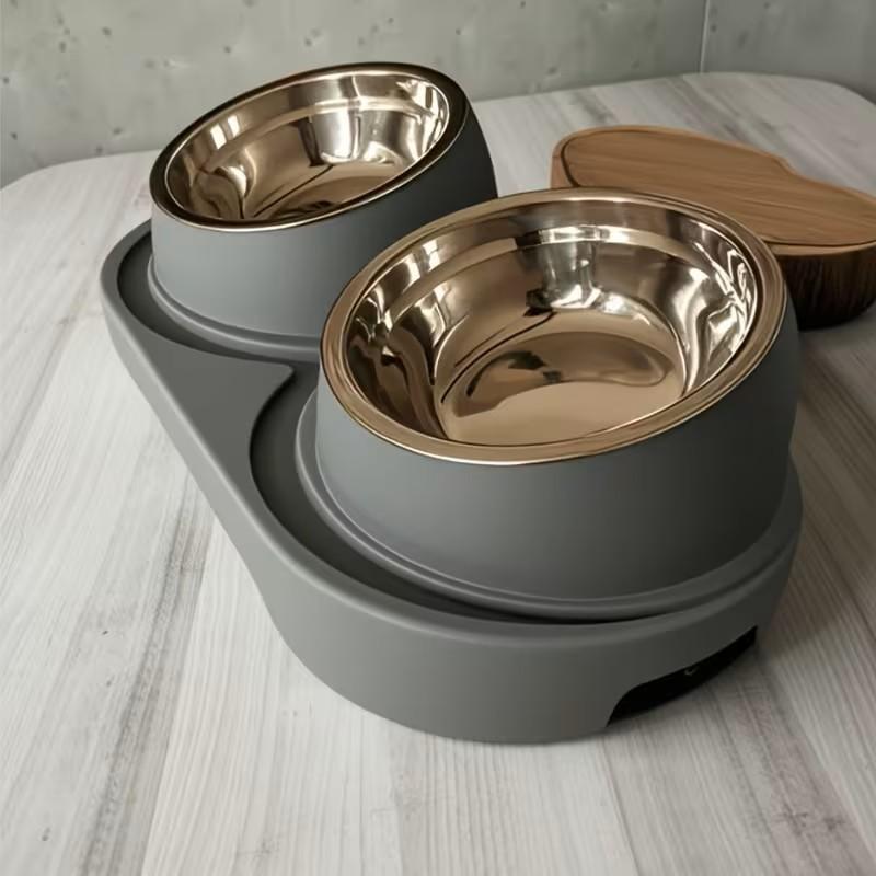 Modern Elevated Pet Food and Water Stainless Steel Bowl, Detachable and Easy to Clean, Space-Saving Dual Compartment Feeder for Medium Pets