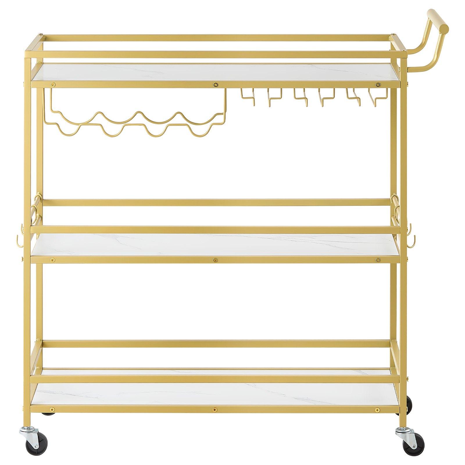 VEVOR Bar Cart Organiser, 3-Tier Modern Rolling Utility Station with Locking Wheels, Engineered Wood Shelf, Wine Rack, Glass Holder, for Bar Service & Outdoor Events, 35.83x12.99x36.81in Gold