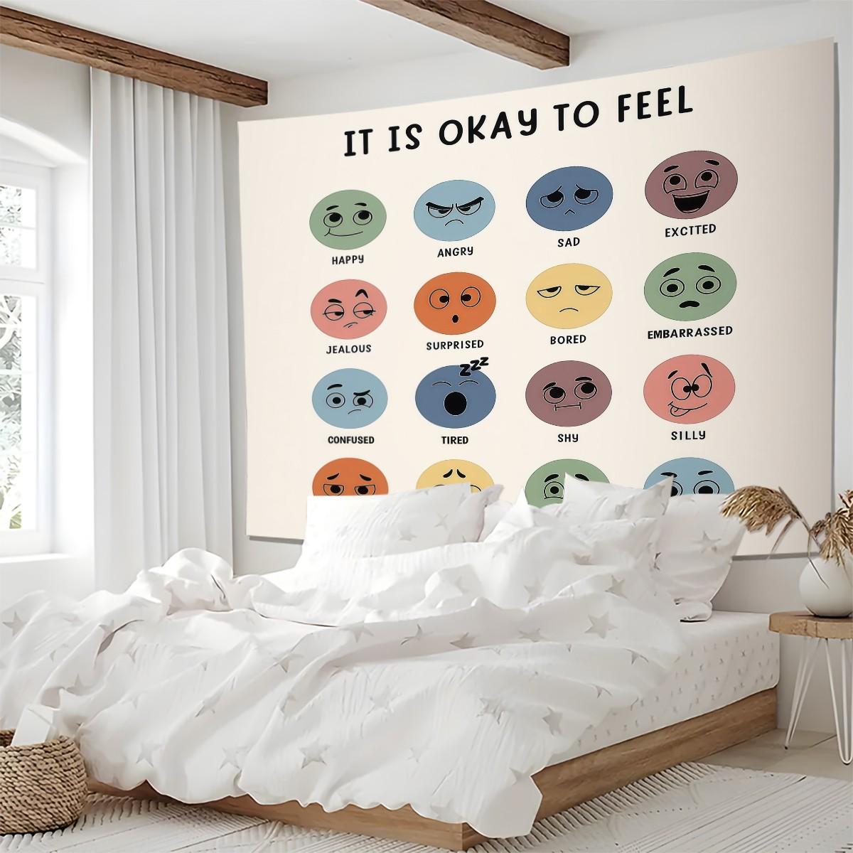 It Is Okay to Feel Emotion Chart Tapestry, Mental Health Awareness Wall Hanging, Colorful Mood Faces Tapestry for Bedroom Living Room Office, Positive Affirmation Wall Decor, Ideal Gift for Teens & Adults