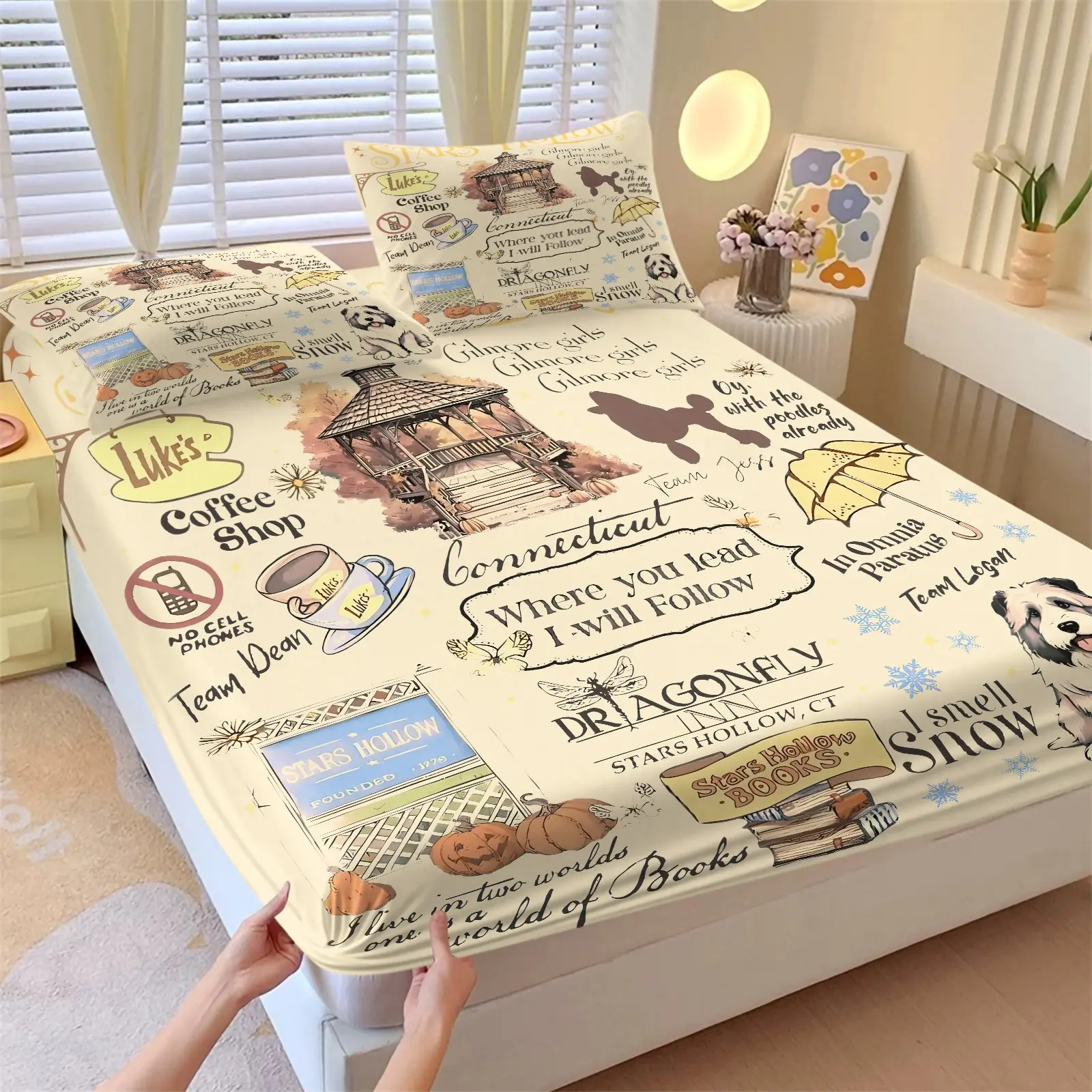 Vintage Stars Hollow Fitted Sheet Set, Gilmore Girls Collage Bedding 3 Pieces, 1 Fitted Sheet + 2 Pillowcases, Luke's Coffee Shop Print Bed Set, Deep Pocket Elastic, Breathable Soft Bedding, No Mattress Included, TV Show Fan Bedroom Decor Gift