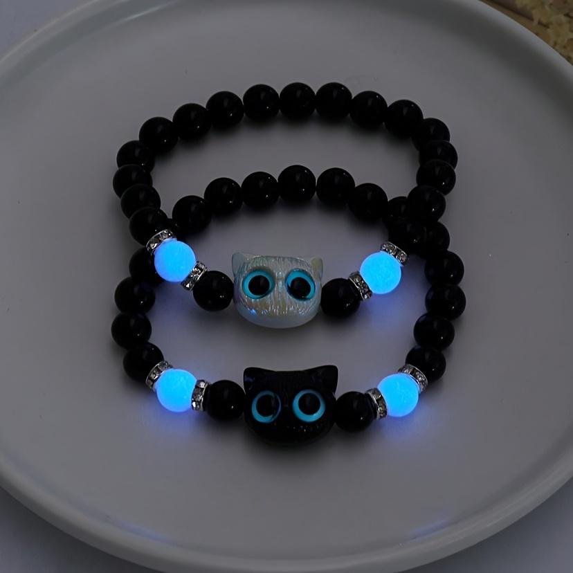 2pcs Luminous Cat Bracelet Set - Elastic Stretch Matching Beaded Jewelry for Couples, Besties & Sisters. Black & White Glow-in-the-Dark Animal Wristband for Halloween, Party & Daily Wear. Perfect Holiday Gift for Cat Lovers, Teens & Friends.