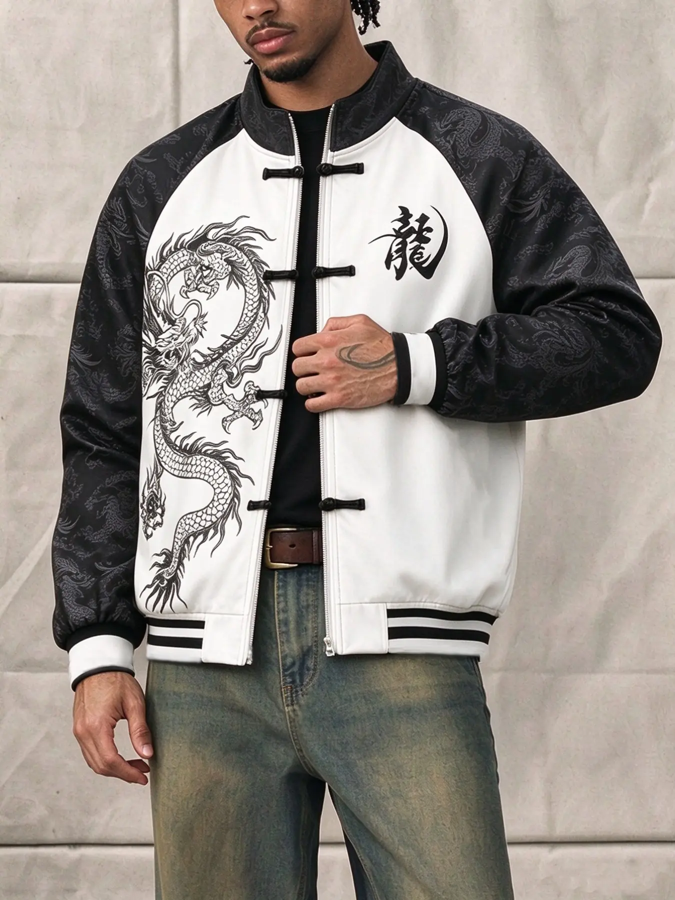 Men's Dragon Print Baseball Jacket, Black White Contrast Tangzhuang Lapel Flight Coat, Oriental Retro Zipper Streetwear Top
